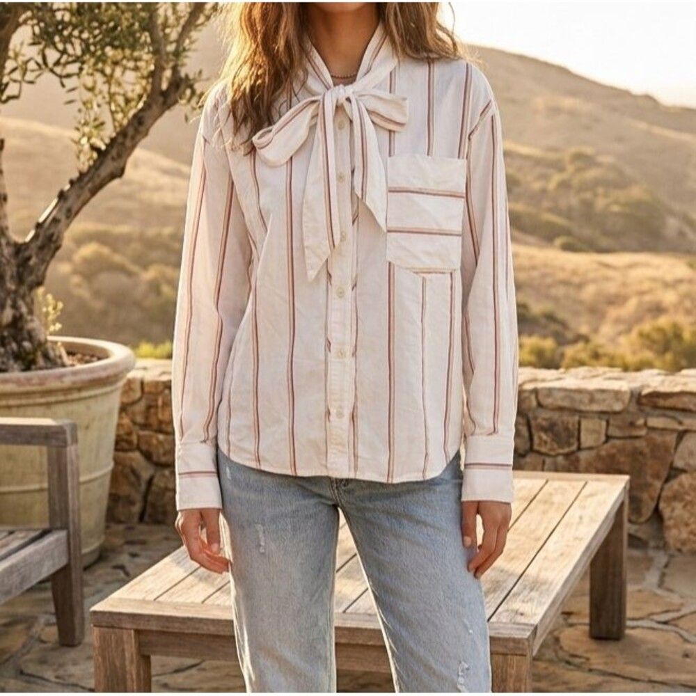 Free People We The Free Tied With a Bow Shirt Top Striped Print Cotton M 287853